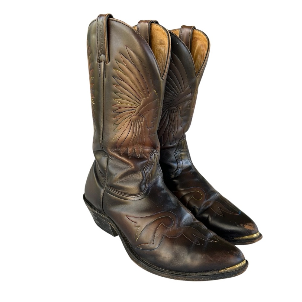 Vintage Cowboy Western Boots Indigenous Chief Headdress Men’s 8.5 Wide-Width